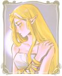  1girl absurdres bare_shoulders blonde_hair border bracer breasts closed_mouth dress green_eyes grey_background hair_flowing_over hand_on_own_shoulder hand_up highres jungujun long_hair looking_down pointy_ears princess_zelda profile sidelocks solo strapless strapless_dress the_legend_of_zelda the_legend_of_zelda:_breath_of_the_wild upper_body white_dress 
