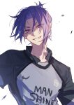  1boy blue_lock collared_shirt doran_(doran7280) grey_shirt grin highres looking_at_viewer male_focus mikage_reo purple_eyes purple_hair shirt short_hair simple_background smile soccer_uniform solo sportswear teeth upper_body white_background 