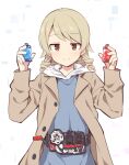  1girl brown_eyes brown_hair brown_jacket build_driver closed_mouth cosplay fullbottle hands_up holding hood hood_down hoodie idolmaster idolmaster_cinderella_girls jacket kamen_rider kamen_rider_build_(series) kiryuu_sento kiryuu_sento_(cosplay) long_hair long_sleeves looking_at_viewer morikubo_nono open_clothes open_jacket revision rider_belt ringlets simple_background smile solo sweater_vest translation_request uccow upper_body white_background white_hoodie 