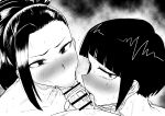  2girls :&gt;= absurdres asymmetrical_bangs audio_jack bar_censor blunt_bangs blush boku_no_hero_academia breath censored cooperative_fellatio fellatio ffm_threesome furrowed_brow greyscale group_sex hair_pulled_back hetero highres jirou_kyouka kaiman_garupan licking licking_penis long_earlobes long_hair looking_at_viewer looking_to_the_side monochrome multiple_girls open_mouth oral penis portrait pov saliva short_hair steaming_body sweat threesome tongue tongue_out yaoyorozu_momo 