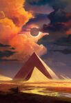  1other absurdres ashtiani cloak cloud cloudy_sky desert eclipse egypt egyptian egyptian_clothes great_pyramid_of_giza highres holding holding_staff hood hooded_cloak looking_afar monument original outdoors painting_(medium) pyramid_(structure) river sand scenery sky solar_eclipse solo staff traditional_media 
