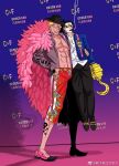  2boys black_hair blonde_hair cigar crocodile_(one_piece) donquixote_doflamingo facial_hair fedora full_body grin hair_slicked_back hand_on_another&#039;s_hip hat height_difference hook_hand lifting_person male_focus mature_male mg_cls multiple_boys mustache one_piece open_clothes open_shirt pants pectoral_cleavage pectorals photo_shoot red_carpet sanpaku scar scar_on_face scar_on_nose short_hair smile smoking stitches sunglasses unamused yaoi 