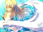  1girl bikini blonde_hair breasts dated double-parted_bangs eiyuu_densetsu floating_hair flower green_eyes hair_flower hair_ornament highres ilya_platiere large_breasts long_hair looking_at_viewer ocean outdoors sidelocks signature smile solo standing standing_on_liquid swimsuit tinybiard towel twitter_username water zero_no_kiseki 