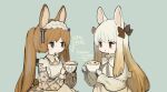 2girls animal_ears bow bowtie brown_hair cappuccino_(drink) coffee collared_dress commentary cup dot_mouth dress frilled_hairband frills gradient_hair grey_eyes hair_bow hairband holding holding_cup long_hair long_sleeves looking_at_another multicolored_hair multiple_girls original rabbit_ears rabbit_girl sakutake_(ue3sayu) sidelocks simple_background smile symbol-only_commentary twintails 
