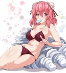  1girl bare_arms bare_legs bare_shoulders bikini breasts bun_cover cleavage collarbone food hair_between_eyes highres huyusilver ibaraki_kasen large_breasts mouth_hold navel pink_eyes pink_hair pointing popsicle red_bikini short_hair solo swimsuit touhou 