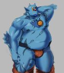  2_horns artlamelt belly blue_belly blue_body blue_ears blue_horn blue_skin clothed clothing cyclops hi_res horn humanoid humanoid_pointy_ears lifewonders male musclegut nipples simple_background solo tokyo_afterschool_summoners water_baron 