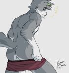  absurd_res anthro astrogarlic butt canid canine canis clothed clothing fur green_eyes grey_body grey_fur hi_res inner_ear_fluff looking_at_viewer male mammal nipples nude partially_clothed solo solo_focus topless topless_male tuft underwear underwear_down underwear_only wolf wolf_tail 