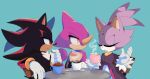  1girl 2boys blaze_the_cat blue_background closed_eyes closed_mouth cup espio_the_chameleon furry furry_female furry_male gloves holding holding_cup motobug mug multiple_boys open_mouth orange_eyes red_eyes shadow_the_hedgehog sitting sonic_(series) tea unamused white_gloves 