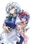  2girls apron between_fingers blue_dress braid breasts dress hat highres holding izayoi_sakuya knife light_smile looking_at_another looking_to_the_side maid maid_headdress medium_breasts mob_cap multiple_girls red_eyes remilia_scarlet rightorisamraido3 simple_background smoke touhou twin_braids white_background 