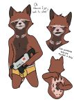  anthro blush brown_body brown_fur clothed clothing digital_media_(artwork) ears_up fur guardians_of_the_galaxy gun hair hi_res itch itching male mammal marvel nate_foster open_mouth piercing procyonid raccoon ranged_weapon red_eyes rocket_raccoon sex smile solo submachine_gun text tired tongue tongue_piercing underwear weapon 