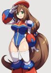  1girl android beret blue_leotard breasts brown_hair chiwino commentary gloves green_eyes groin hat highres iris_(mega_man) joints leotard long_hair looking_at_viewer low-tied_long_hair mega_man_(series) mega_man_x4 mega_man_x_(series) open_mouth ponytail red_headwear robot_joints simple_background smile solo symbol-only_commentary very_long_hair white_background white_gloves 