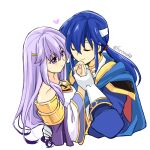  1boy 1girl bare_shoulders blue_hair brother_and_sister cape circlet closed_eyes dress fire_emblem fire_emblem:_genealogy_of_the_holy_war hand_on_another&#039;s_hip headband heart holding_hands julia_(fire_emblem) long_hair ponytail purple_eyes purple_hair seliph_(fire_emblem) siblings simple_background smile white_headband yukia_(firstaid0) 