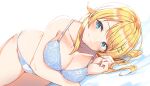  1girl arm_under_breasts blonde_hair blue_bra blue_eyes bra breasts closed_mouth hachimiya_meguru hair_ornament hairclip hand_up highres idolmaster idolmaster_shiny_colors large_breasts long_hair looking_at_viewer lying on_side panties shiitake_taishi simple_background solo underwear underwear_only white_background white_panties 