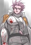  1boy bandaged_arm bandages bara blood blood_on_clothes blood_on_hands bloody_handprints cowboy_shot deruha_(this_communication) frown highres huge_eyebrows large_pectorals looking_at_viewer male_focus muscular muscular_male pectorals pink_hair qtaro-moru short_hair solo spiked_hair sweatdrop this_communication 