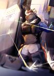  2023 anthro arknights black_hair clothing collar ear_piercing eyebrow_piercing facial_piercing fur grey_body grey_fur hair hi_res holding_object holding_shield hyena hypergryph looking_away male mammal multicolored_hair piercing riot_shield ryuuuta_200315 shield solo spot_(arknights) spotted_hyena studio_montagne two_tone_hair uniform 