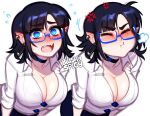  1girl artist_name bangs black_choker black_hair blue-framed_eyewear blush blushyspicy breasts choker collarbone commentary earrings fangs flying_sweatdrops glasses jewelry large_breasts mole mole_under_eye multiple_views office_lady original pencil_skirt pointy_ears pout shirt skirt vampire vampire_secretary_(blushypixy) white_shirt 