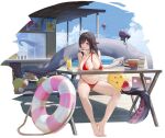  1girl :d artist_request azur_lane barefoot beach between_breasts bikini black_hair blue_sky book book_stack bracelet breast_rest breasts cloud cup day drink drinking_straw elbow_rest feet food full_body highres holding holding_book innertube jewelry large_breasts legs looking_at_viewer manjuu_(azur_lane) navel non-web_source official_alternate_costume official_art open_mouth outdoors red_bikini red_eyes royal_fortune_(azur_lane) royal_fortune_(eyes_on_the_prize)_(azur_lane) shaved_ice sitting sky smile stomach swimsuit table tentacle_hair tentacles thighs toenails toes 