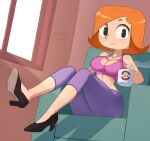  1girl barleyshake black_eyes black_footwear debs_turnbull high_heels indoors looking_at_viewer midriff orange_hair pants purple_pants purple_sports_bra robotboy short_hair signature sitting smile solo sports_bra steam window 