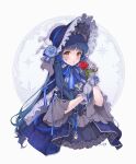  1girl alternate_costume blue_hair blue_ribbon blush cropped_legs dark_blue_hair flower frilled_headwear highres holding holding_flower idolmaster idolmaster_million_live! idolmaster_million_live!_theater_days kitakami_reika lolita_fashion long_hair looking_at_viewer nys red_flower red_rose ribbon rose signature simple_background solo sweet_lolita very_long_hair white_background 