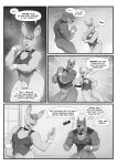  2023 absurd_res animal_genitalia anthro balls biceps blake_(thepurp) bottomless bow_tie butt canid canine canis clothed clothing comic dialogue domestic_dog duo english_text finn_(thepurp) foreskin genitals greyscale hi_res humanoid_genitalia humanoid_penis lagomorph leporid male mammal monochrome muscular muscular_male pecs penis pocket_square profanity rabbit sheath speech_bubble text thepurp topwear vest 