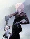  1girl black_gloves blue_eyes breasts closed_mouth cofffee final_fantasy final_fantasy_xiii gloves highres holding holding_sword holding_weapon lightning_farron long_hair looking_at_viewer pant_suit pants pink_hair solo suit sword weapon 