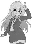  1girl :d aisaka_taiga arm_at_side black-framed_eyewear bolo_tie collared_shirt commentary cowboy_shot dot_nose dress_shirt english_commentary furrowed_brow glasses hair_between_eyes hair_over_shoulder hand_up light_blush long_hair long_sleeves looking_at_viewer mikoscrub miniskirt office_lady open_mouth pencil_skirt semi-rimless_eyewear shirt shirt_tucked_in sidelocks simple_background skindentation skirt smile solo standing straight_hair suit_jacket thighhighs toradora! v very_long_hair white_background zettai_ryouiki 