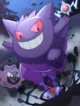  1girl commentary_request gastly gengar glowing glowing_eye grin highres inana_umi looking_down night outdoors pokemon pokemon_(creature) rotom rotom_(normal) sky smile smoke solo teeth zubat 