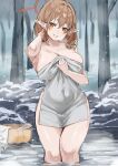  1girl absurdres adjusting_clothes blue_archive breasts brown_hair chinatsu_(blue_archive) covered_navel grin hair_between_eyes halo highres large_breasts long_hair looking_at_viewer mr.zhuo naked_towel onsen pointy_ears smile snow solo towel tree wading water yellow_eyes 