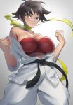  1girl absurdres belt black_belt breasts brown_hair choker dark-skinned_female dark_skin dougi highres karate_gi large_breasts long_sleeves looking_at_viewer makoto_(street_fighter) martial_arts martial_arts_belt red_sports_bra ribbon ribbon_choker sato_one1 short_hair sports_bra street_fighter tomboy wide_sleeves yellow_eyes yellow_ribbon 