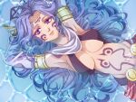  1girl armpits blue_hair breasts circlet cleavage commentary detached_sleeves eyelashes facial_tattoo hair_spread_out highres large_breasts long_hair lying mixed-language_commentary navel on_back purple_eyes sleeves_past_wrists solo spoilers stomach_tattoo tattoo tia_(ys) tialuna_(ys) ys ys_seven yuzukiyo 