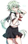  1girl alternate_costume bare_legs black_sailor_collar black_skirt commentary_request goblin_slayer! green_eyes green_hair grin hand_up high_elf_archer_(goblin_slayer!) highres kankitukou looking_at_viewer neckerchief one_eye_closed pointy_ears red_neckerchief sailor_collar school_uniform serafuku short_sleeves simple_background skirt smile solo white_background white_serafuku 