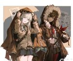 2girls absurdres animal_ears aqua_necktie arknights bare_legs bear_ears bear_girl belt black_sailor_collar black_skirt border brown_background brown_belt brown_cardigan brown_coat brown_hair brown_jacket cardigan chinese_commentary closed_mouth coat collared_shirt commentary_request cowboy_shot fur-trimmed_hood fur_trim grey_eyes grey_hair grey_skirt hands_up highres hood hood_up istina_(arknights) jacket jacket_on_shoulders monocle multicolored_hair multiple_girls neckerchief necktie open_mouth pantyhose pleated_skirt poster_(object) qiumoyixing red_hair red_neckerchief red_pantyhose sailor_collar shirt short_hair simple_background sketch skirt streaked_hair weibo_username white_shirt zima_(arknights) 