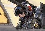  1girl a-10_thunderbolt_ii aircraft airplane cockpit ejection_seat green_eyes helmet highres looking_down mg_g military military_rank_insignia military_uniform original oxygen_mask patch pen pilot_helmet pilot_suit reflective_visor shoulder_patch uniform united_states_air_force 