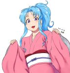  1girl :d blue_hair blush botan_(yu_yu_hakusho) dated japanese_clothes kimono long_hair long_sleeves looking_at_viewer open_mouth ponytail purple_eyes signature simple_background smile solo tsukudani_(coke-buta) white_background yu_yu_hakusho 