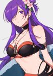  1girl armband bare_shoulders bikini black_bikini black_choker breasts choker cleavage commentary fire_emblem fire_emblem:_three_houses fire_emblem_heroes fire_emblem_warriors:_three_hopes flower grey_background hair_flower hair_ornament hibiscus highres long_hair looking_at_viewer medium_breasts navel official_alternate_costume peach11_01 pink_flower purple_eyes purple_hair shez_(female)_(fire_emblem) shez_(fire_emblem) simple_background solo stomach swimsuit upper_body very_long_hair 