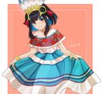  1girl absurdres bare_shoulders black_hair blue_hair collarbone colored_inner_hair commentary dress fate/grand_order fate_(series) feathers grey_eyes headpiece highres jewelry looking_at_viewer medium_hair mexican_dress multicolored_hair neck_ring off_shoulder official_alternate_costume poncho runiie sidelocks signature simple_background skirt_hold solo tenochtitlan_(fate) wavy_hair white_dress 