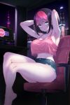  1girl absurdres armpits black_hair bob_cut breasts computer green_eyes highres knees large_breasts legs multicolored_hair navel night osu! pink_hair pippi_(osu!) shorts sitting tank_top thick_thighs thighs two-tone_hair xalvail 