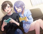  1boy 1girl ^_^ arm_grab black_eyes black_shirt blue_hair blue_panties blue_shirt blush brown_hair chigusa_minori closed_eyes collarbone commentary_request controller couch dutch_angle game_controller hair_ornament hairclip himeno_akira holding holding_controller holding_game_controller indoors jitsuha_imouto_deshita. long_sleeves lower_teeth_only majima_ryouta official_art on_couch open_mouth overshirt panties partial_commentary shirt short_hair sidelocks sweatdrop teeth underwear upper_teeth_only white_shirt 