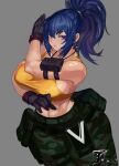  1girl absurdres ammunition_pouch artist_name bare_shoulders blue_hair breasts camouflage camouflage_pants crop_top dog_tags earrings gloves highres jewelry large_breasts leona_heidern muscular muscular_female pants ponytail pouch sleeveless soldier solo tank_top the_king_of_fighters the_king_of_fighters_xv triangle_earrings ttt_(titatuem) yellow_tank_top 