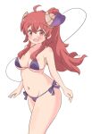  1girl :d ahoge arms_at_sides bikini blush bow breasts cleavage collarbone commentary cowboy_shot curvy fang floating_hair hair_between_eyes hair_over_breasts halterneck happy large_breasts long_hair looking_at_viewer machikado_mazoku open_mouth pon_sugar purple_bikini purple_bow red_eyes red_hair side-tie_bikini_bottom sidelocks simple_background skin_fang smile solo standing swimsuit tareme thighs very_long_hair wavy_hair white_background yoshida_yuuko_(machikado_mazoku) 