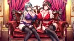  2girls ahoge alternate_breast_size aqua_hair black_thighhighs bra breasts brown_hair couch garter_belt hair_ornament hair_ribbon hairclip highres huge_breasts indoors jk_ssma kantai_collection long_hair looking_at_viewer mamiya_(kancolle) multiple_girls navel on_couch panties purple_bra purple_eyes purple_garter_belt purple_panties red_bra red_garter_belt red_panties red_ribbon ribbon sitting smile suzuya_(kancolle) thighhighs underwear underwear_only 