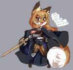  anthro averi_(fiddleafox) bottomwear brown_body brown_eyes brown_fur byleth_(fire_emblem) canid canine cape clothing dipstick_tail english_text female female_anthro fiddleafox fire_emblem_three_houses fox fur gloves_(marking) hair leg_markings legwear mammal markings melee_weapon shorts simple_background socks_(marking) solo sword tail tail_markings text thigh_highs weapon white_body white_fur 