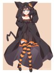  ahoge alternate_costume animal_ears animal_hood barefoot black_dress black_footwear black_hair black_hood blue_eyes braid cat_ears cat_hood cat_tail dress frilled_dress frills full_body hair_flaps hair_over_shoulder highres hood hood_up kantai_collection naoto_(tulip) shigure_(kancolle) shigure_kai_ni_(kancolle) single_braid striped striped_thighhighs tail thighhighs 