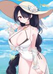  1girl absurdres ash_(cat7evy) bare_shoulders black_hair blue_archive blue_sky blush breasts cloud collarbone cowboy_shot day flower hair_over_one_eye hat hat_flower highres hinata_(blue_archive) hinata_(swimsuit)_(blue_archive) large_breasts long_hair looking_at_viewer official_alternate_costume one-piece_swimsuit open_mouth outdoors red_eyes sky solo standing sun_hat swimsuit very_long_hair white_swimsuit 