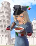  bismarck_(kancolle) blonde_hair blue_eyes blue_shirt bowl cloud collarbone eating food fork gloves hat highres holding holding_bowl holding_fork indiana_georg italian_flag kantai_collection leaning_tower_of_pisa long_hair military_hat outdoors pasta shirt sky spaghetti 