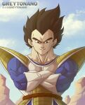  1boy artist_name black_eyes cloud cloudy_sky collarbone crossed_arms dragon_ball dragon_ball_z gloves greytonano highres male_focus monkey_tail saiyan saiyan_armor scouter sky smile solo spiked_hair tail vegeta white_gloves 