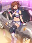  1girl bare_shoulders breasts brown_hair car choker cleavage crop_top cropped_jacket fingerless_gloves gloves hair_between_eyes highres idolmaster idolmaster_million_live! idolmaster_million_live!_theater_days jewelry kamille_(vcx68) kasuga_mirai leaning_against_vehicle looking_at_viewer medium_breasts midriff motor_vehicle navel necklace one_eye_closed open_mouth pink_nails popped_collar race_queen short_shorts shorts side_ponytail smile solo tareme thighhighs v wrist_cuffs yellow_eyes 