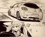  1girl absurdres bow bowtie car commentary_request datsan driving frown hatching_(texture) highres marker_(medium) motor_vehicle nijisanji open_mouth solo speed_lines sweatdrop takamiya_rion traditional_media twintails virtual_youtuber 