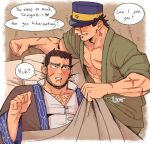  2boys abs bara bed black_hair blush collared_shirt facial_hair foazycozy golden_kamuy hat large_pectorals looking_at_another lying male_focus military_hat multiple_boys muscular muscular_male on_back on_bed open_clothes pectorals scar scar_on_arm scar_on_cheek scar_on_chest scar_on_face scar_on_mouth scar_on_nose shirt short_hair sugimoto_saichi tanigaki_genjirou yaoi 