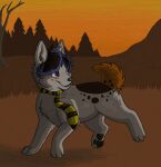  2013 aliasing ambiguous_gender black_body black_fur black_hair black_pawpads blue_nose bluekyokitty brown_body brown_eyes brown_fur canid canine cel_shading detailed_background digital_drawing_(artwork) digital_media_(artwork) digitigrade evening feral feral_with_hair fur grass grey_body grey_fur hair highlights_(coloring) low_res mammal necktie orange_sky outside pattern_necktie pawpads paws plant purple_highlights purple_nose sebdoggo shaded smile solo striped_necktie tail tree two_tone_nose yellow_necktie 